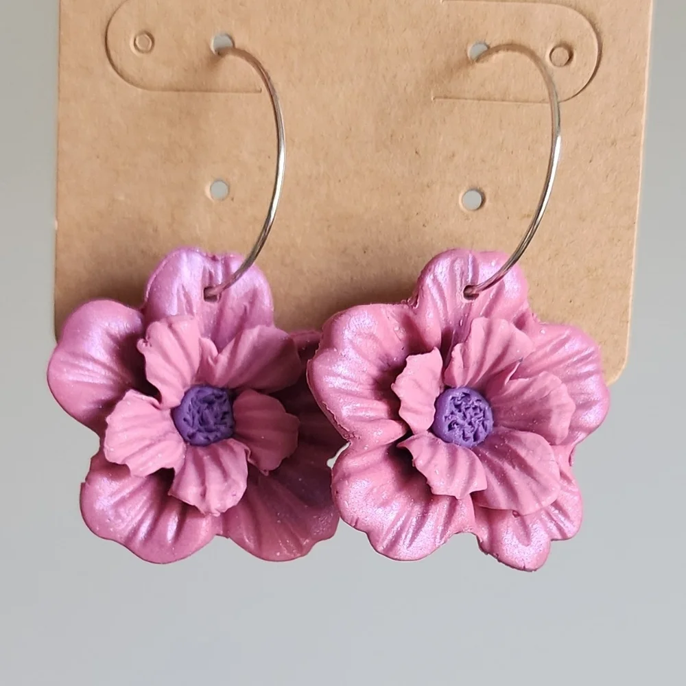 Pink Flower Clay Hoop Earrings - Picture 2 of 4